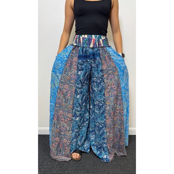 Mixed-print wide-leg trousers- One Size 100% Silk - Picture 1 of 5